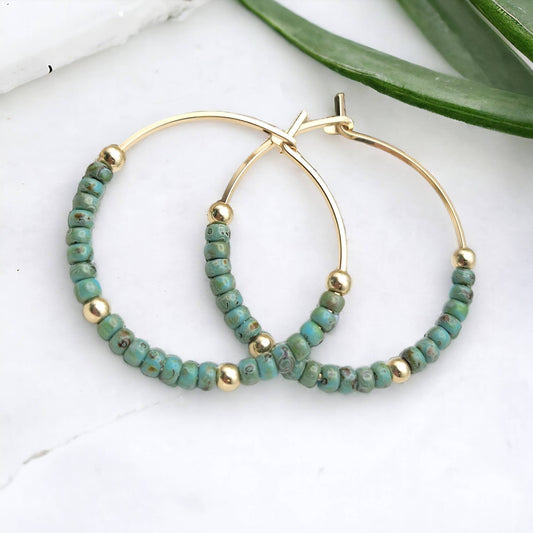 Gold Filled Boho Hoop with Turquoise Beads - Summer Earrings - La Vie Est Belle