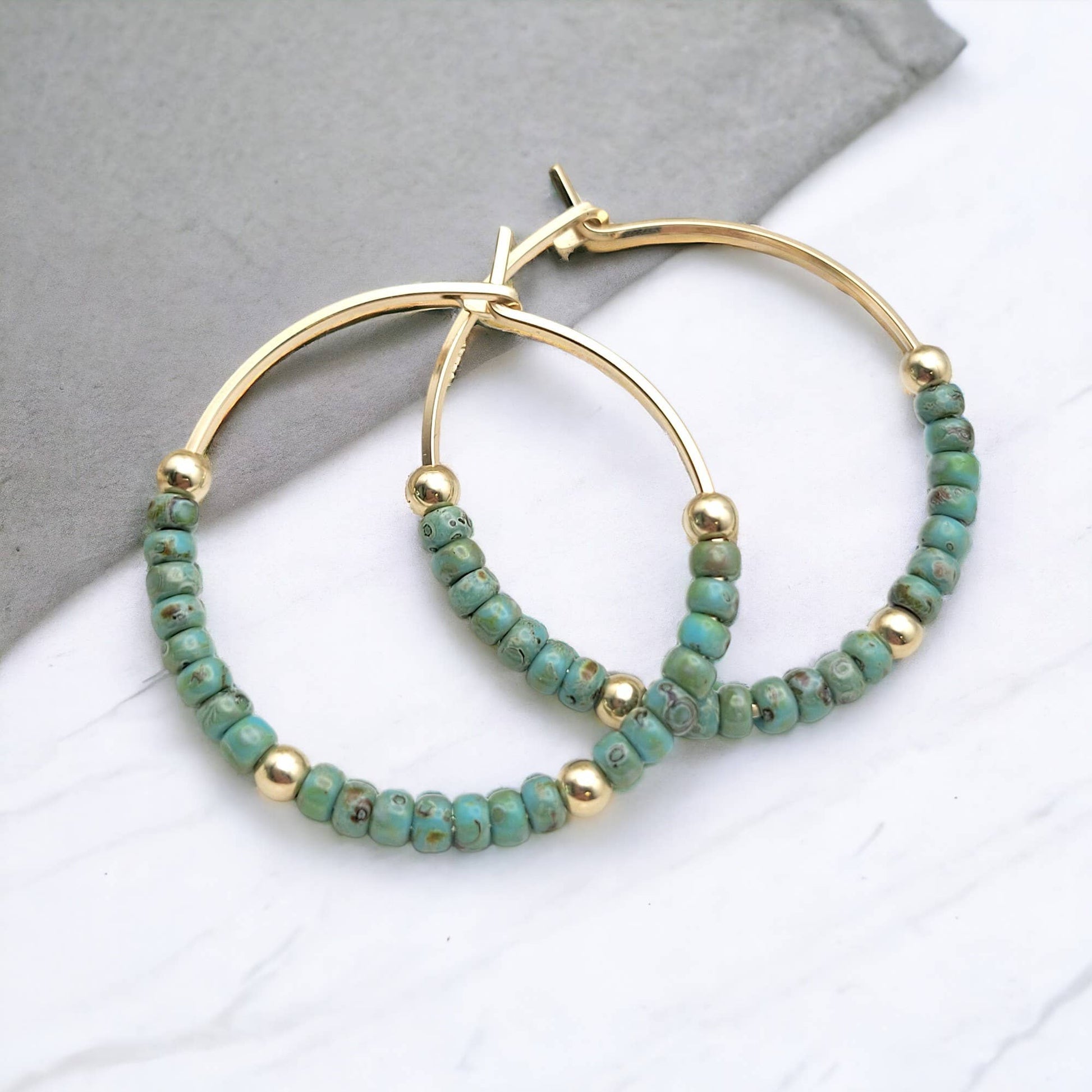 Gold Filled Boho Hoop with Turquoise Beads - Summer Earrings - La Vie Est Belle