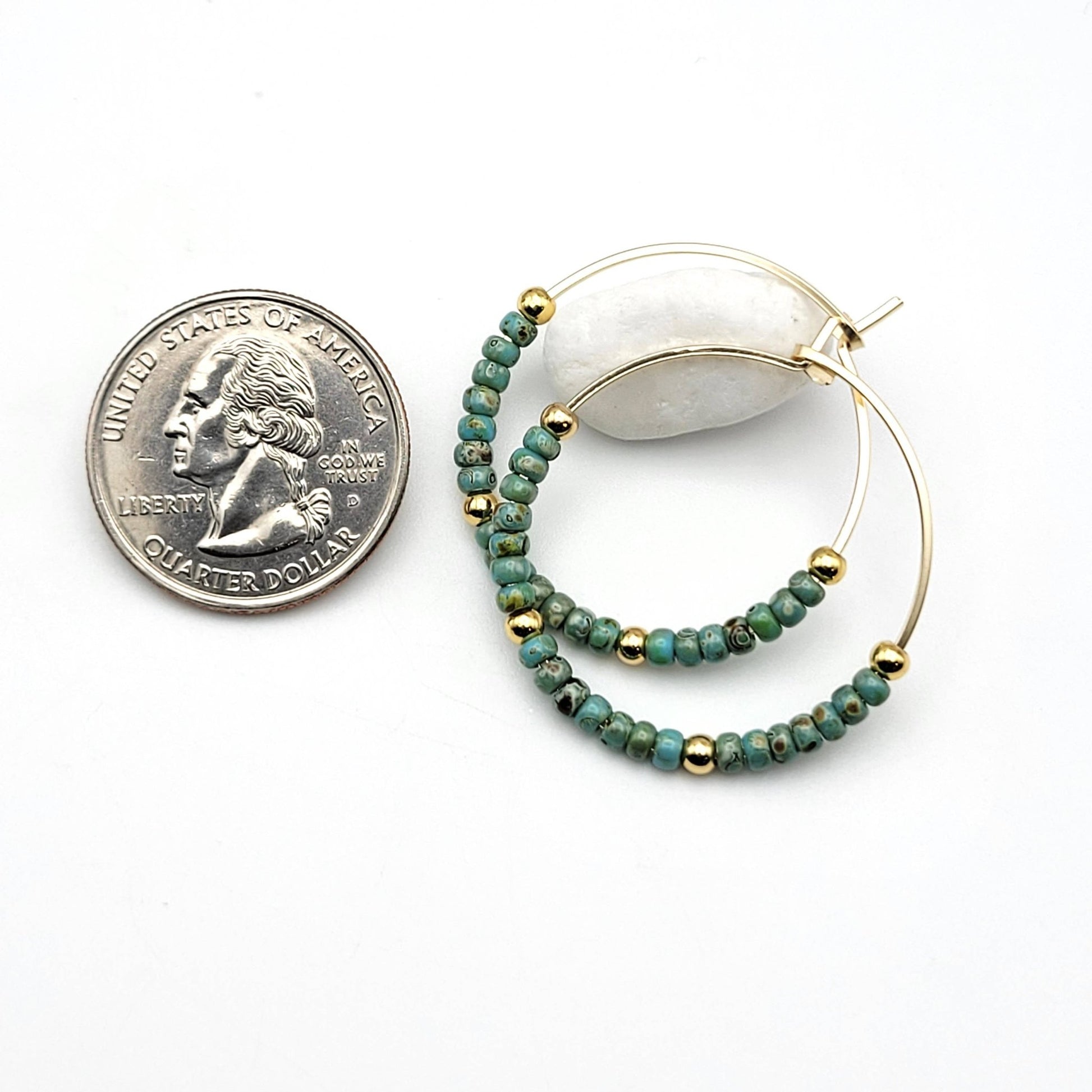 Gold Filled Boho Hoop with Turquoise Beads - Summer Earrings - La Vie Est Belle