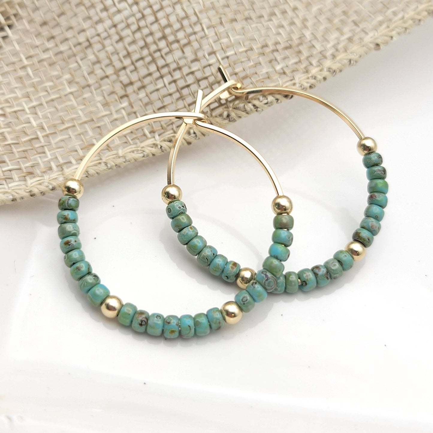 Gold Filled Boho Hoop with Turquoise Beads - Summer Earrings - La Vie Est Belle