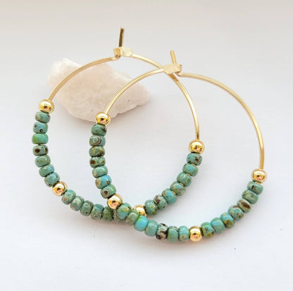 Gold Filled Boho Hoop with Turquoise Beads - Summer Earrings - La Vie Est Belle
