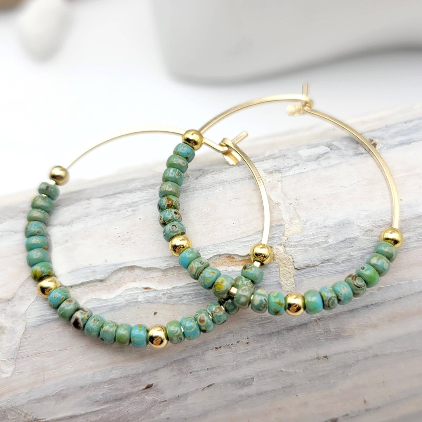 Gold Filled Boho Hoop with Turquoise Beads - Summer Earrings - La Vie Est Belle