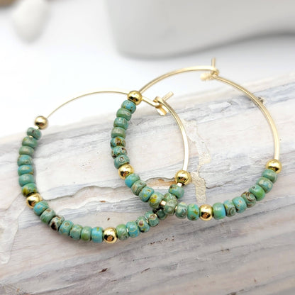 Gold Filled Boho Hoop with Turquoise Beads - Summer Earrings - La Vie Est Belle