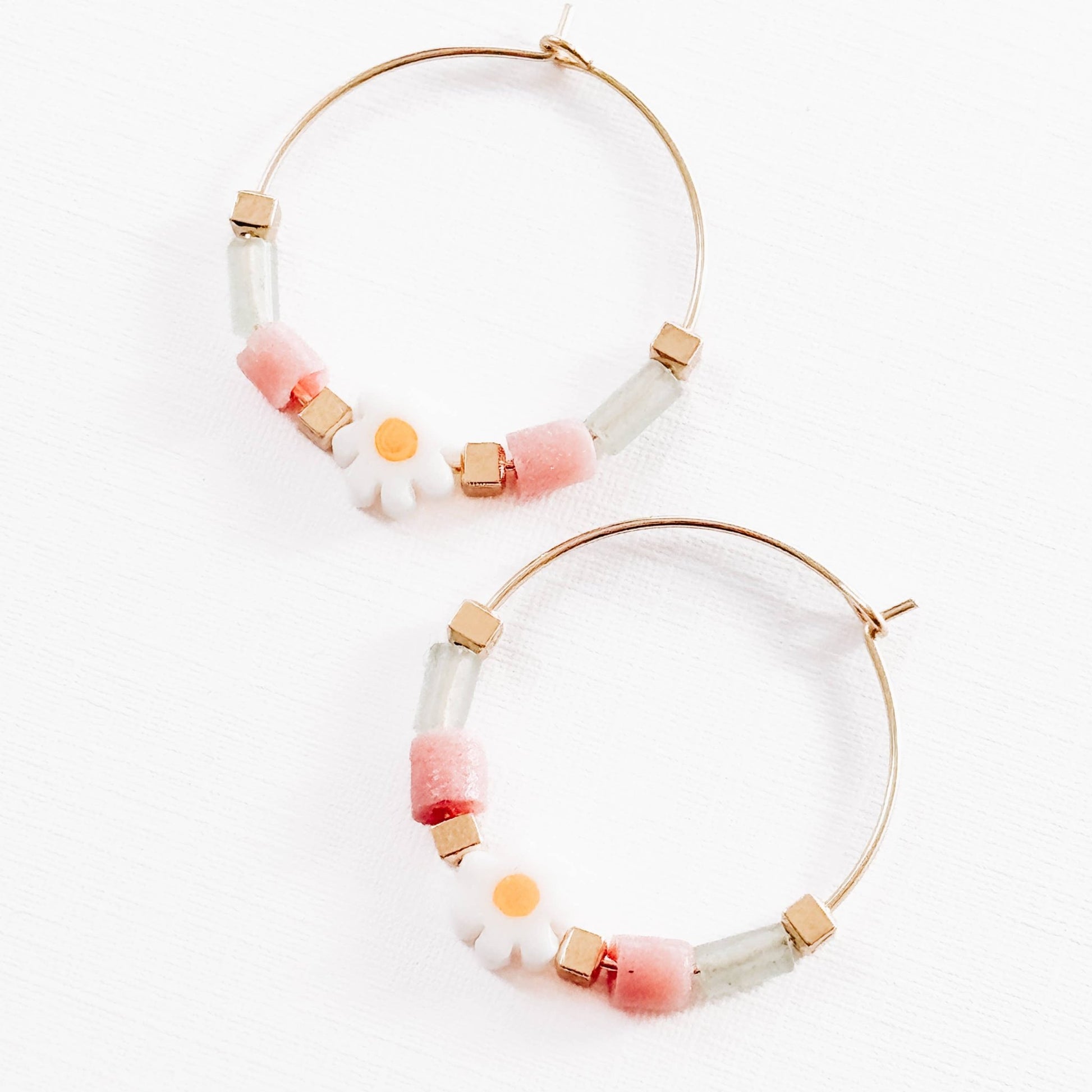 Gold Filled Hoops with Daisies, Recycled Glas Pink Beads - La Vie Est Belle