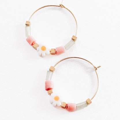 Gold Filled Hoops with Daisies, Recycled Glas Pink Beads - La Vie Est Belle
