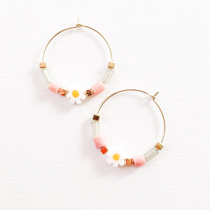 Gold Filled Hoops with Daisies, Recycled Glas Pink Beads - La Vie Est Belle