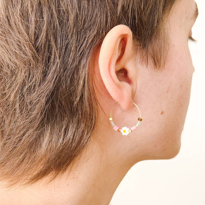 Gold Filled Hoops with Daisies, Recycled Glas Pink Beads - La Vie Est Belle
