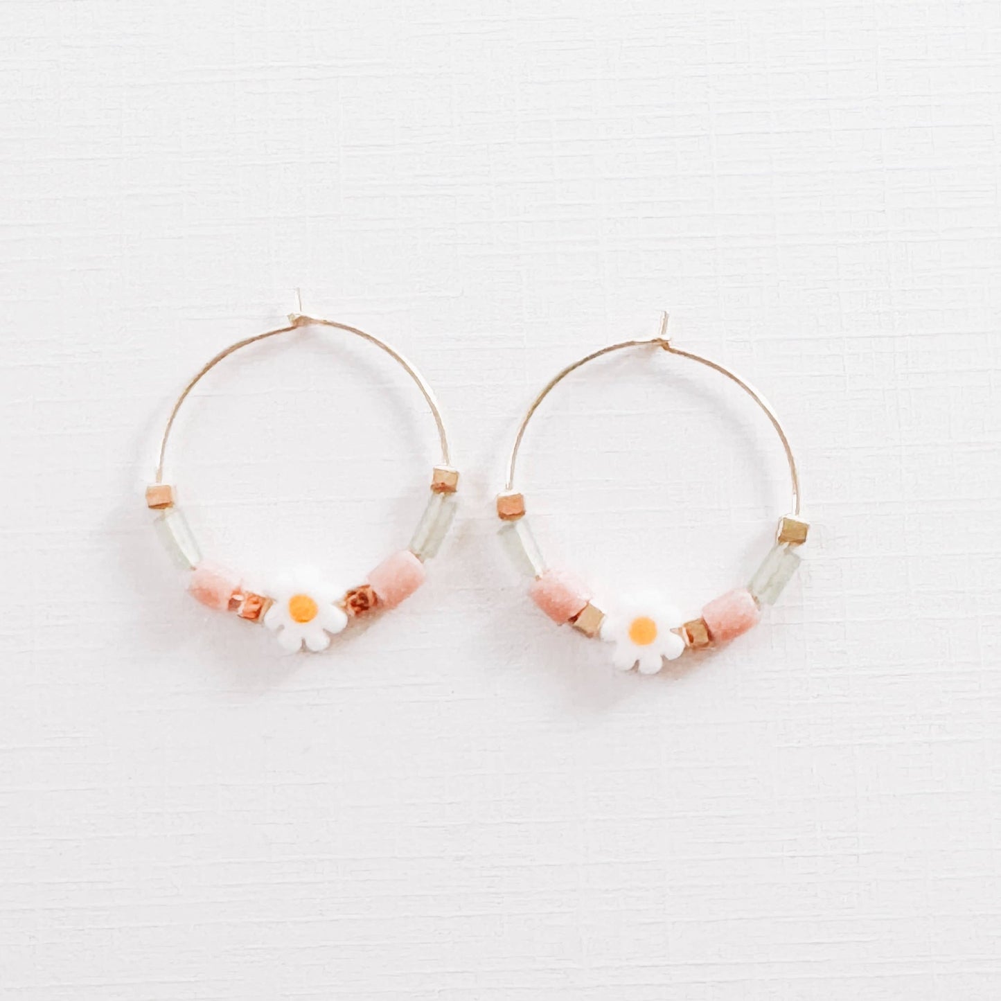Gold Filled Hoops with Daisies, Recycled Glas Pink Beads - La Vie Est Belle