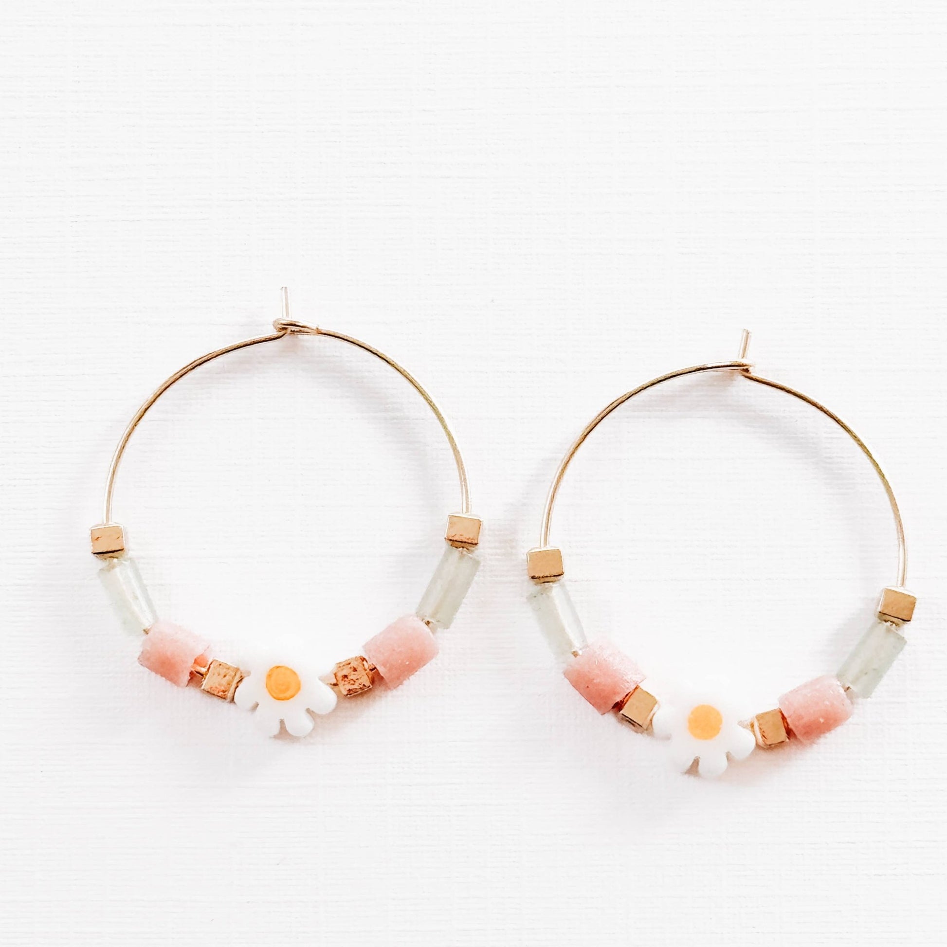 Gold Filled Hoops with Daisies, Recycled Glas Pink Beads - La Vie Est Belle