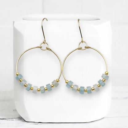 Gold Hoop Earrings with Aquamarine Gemstones - La Vie Est Belle