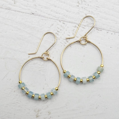 Gold Hoop Earrings with Aquamarine Gemstones - La Vie Est Belle