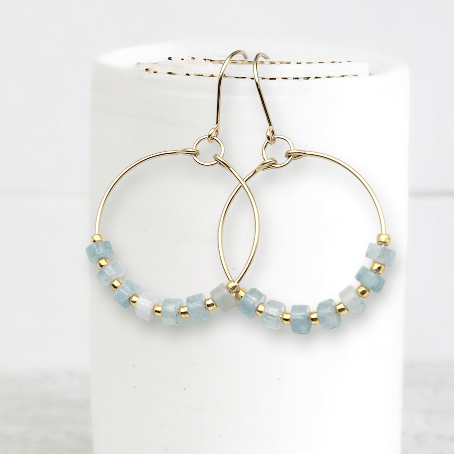Gold Hoop Earrings with Aquamarine Gemstones - La Vie Est Belle
