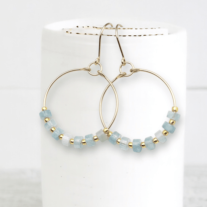 Gold Hoop Earrings with Aquamarine Gemstones - La Vie Est Belle