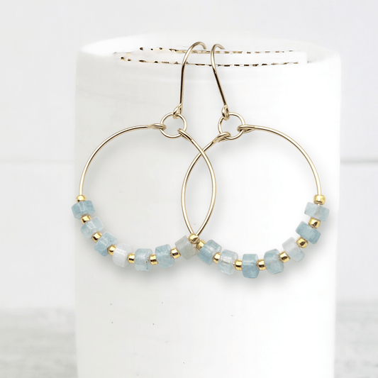 Gold Hoop Earrings with Aquamarine Gemstones - La Vie Est Belle