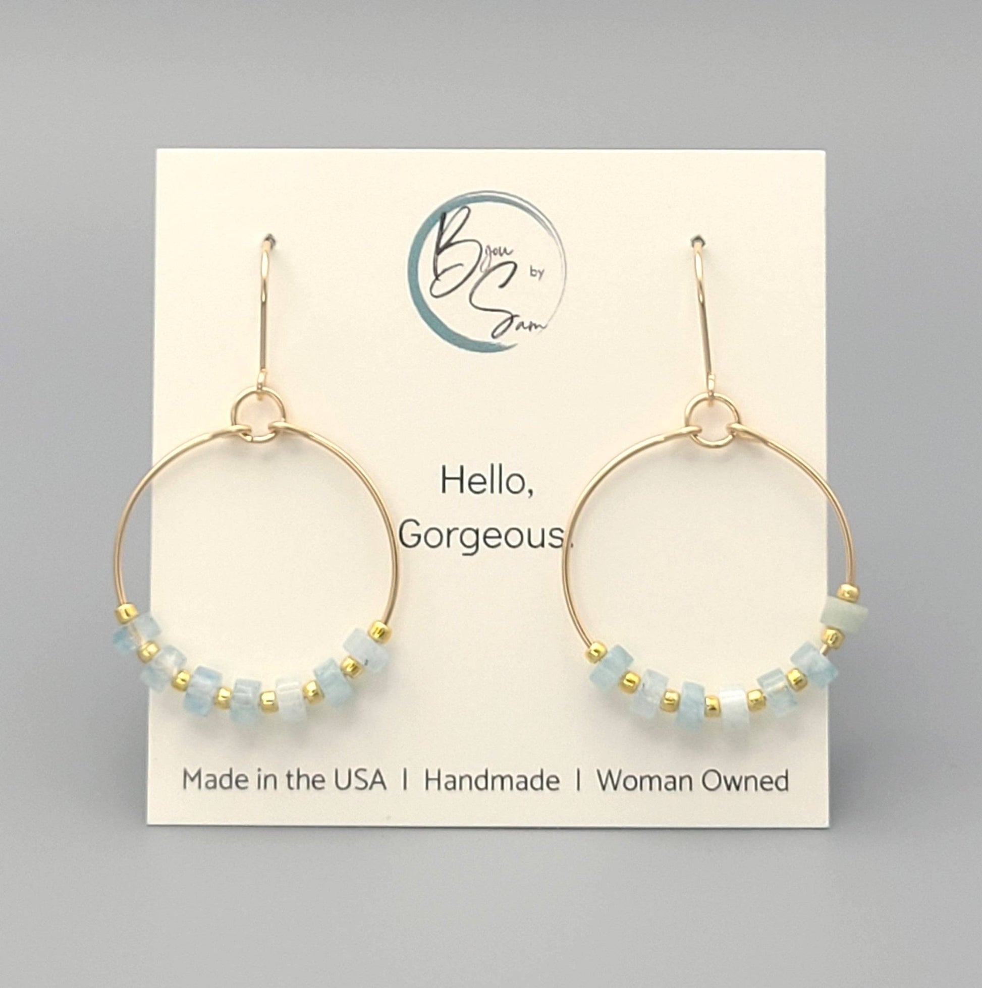 Gold Hoop Earrings with Aquamarine Gemstones - La Vie Est Belle