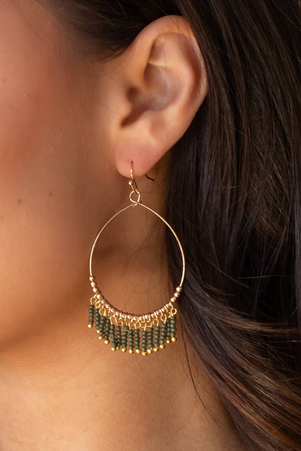 Gold Hoop Earrings with Olive Beads - La Vie Est Belle