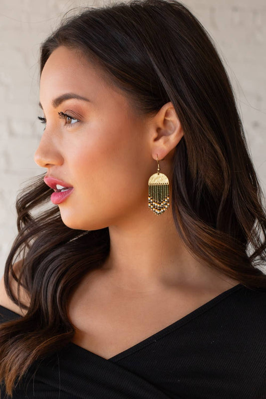 Gold & Olive Beaded Fringe Earrings - La Vie Est Belle