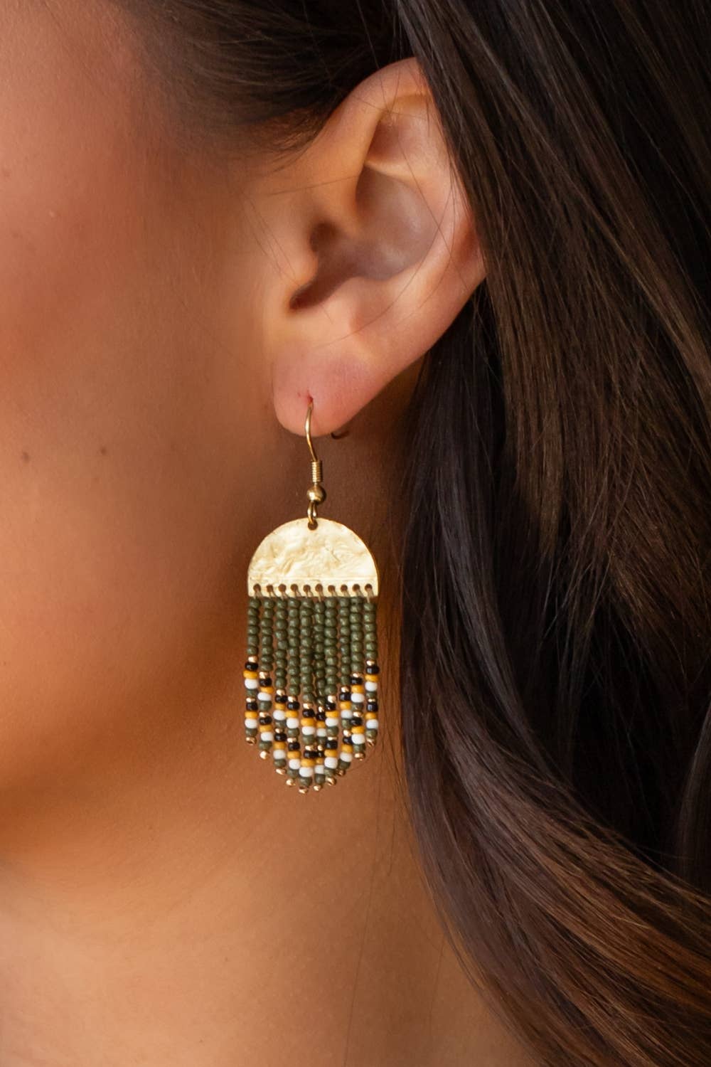 Gold & Olive Beaded Fringe Earrings - La Vie Est Belle