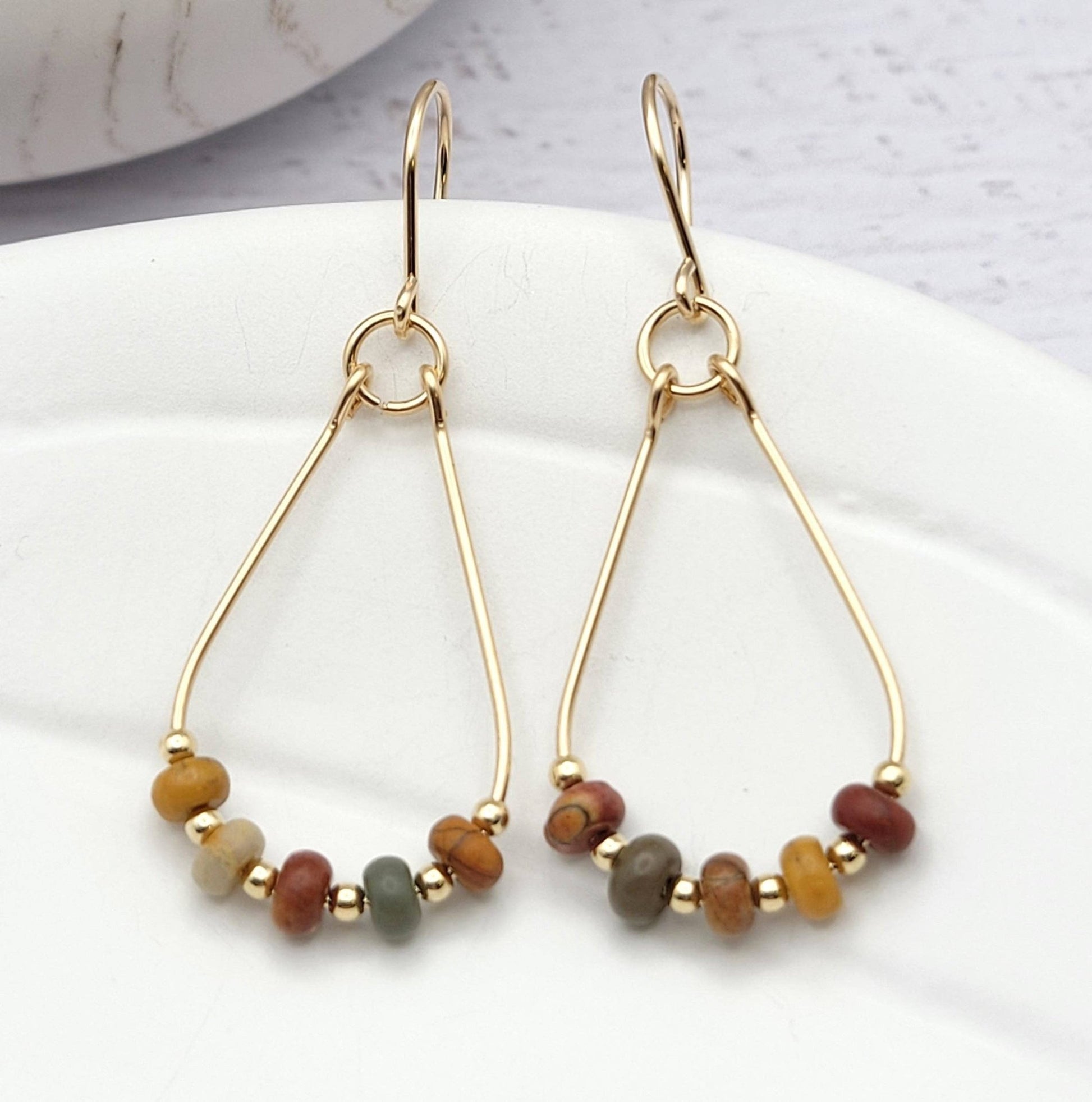 Gold & Red Creek Jasper Teardrop Hoop Earrings - La Vie Est Belle