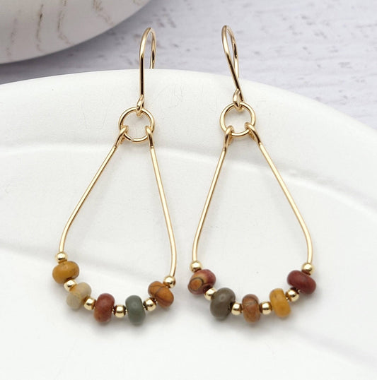 Gold & Red Creek Jasper Teardrop Hoop Earrings - La Vie Est Belle