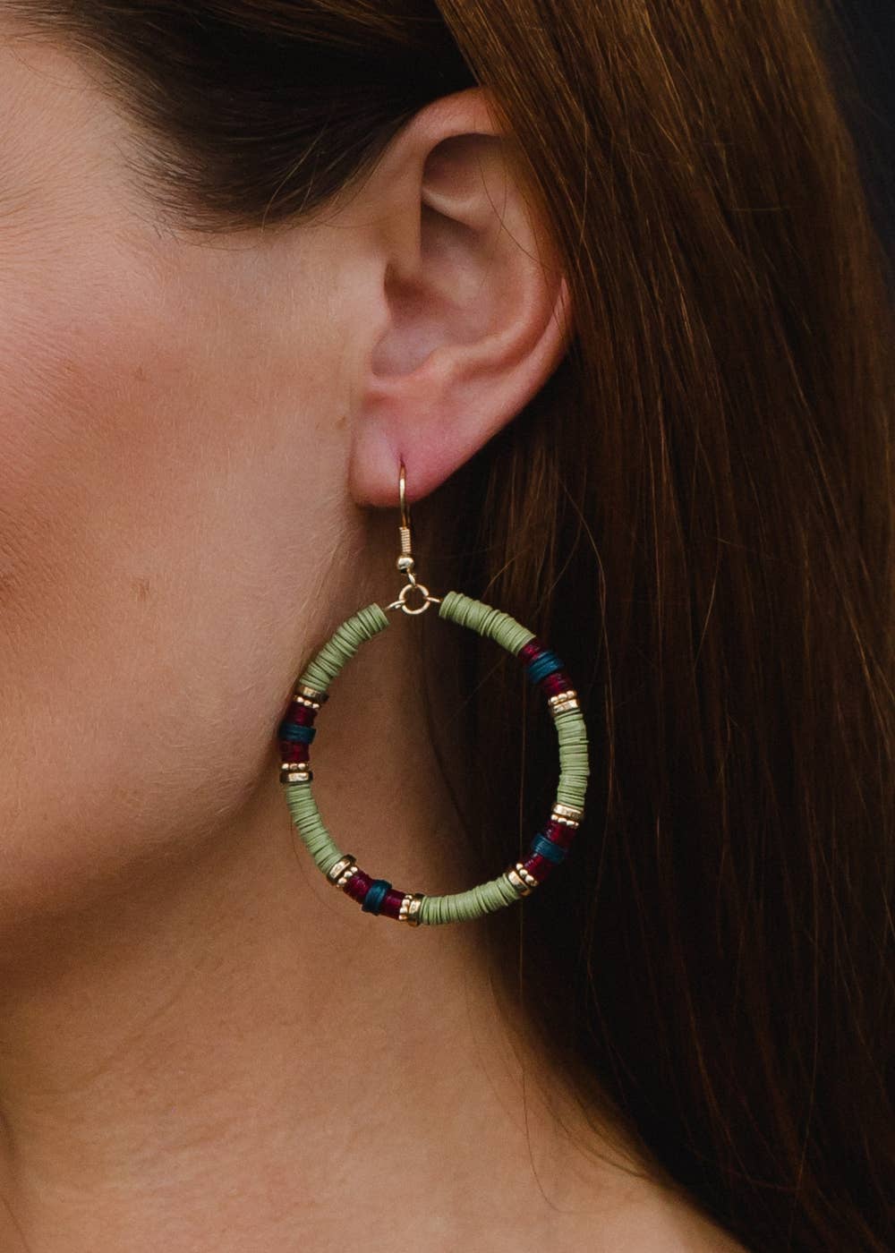 Green Beaded Hoop Dangle Earrings - La Vie Est Belle