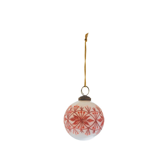 Hand-Blown Etched Glass Ball Ornament with Design, White & Red - La Vie Est Belle