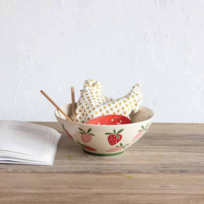 Hand - Painted Stoneware Bowl w/ Wax Relief Strawberries - La Vie Est Belle