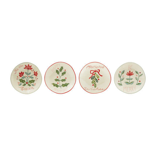 Hand-Painted Stoneware Plate with Wax Relief Holiday Botanicals & Saying, 4 Styles - La Vie Est Belle