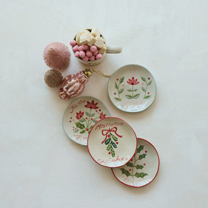 Hand-Painted Stoneware Plate with Wax Relief Holiday Botanicals & Saying, 4 Styles - La Vie Est Belle