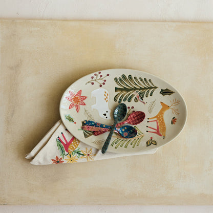 Hand-Painted Stoneware Platter with Wax Relief Animals & Seasonal Botanicals - La Vie Est Belle