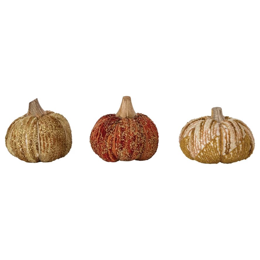 Handmade Cotton, Fabric Chenille & Mango Wood Pumpkin, 3 Styles - La Vie Est Belle