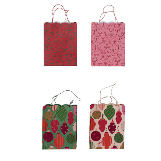 Handmade Printed Recycled Paper Scalloped Gift Bag with Ornament/Bow Pattern, 4 Styles © - La Vie Est Belle