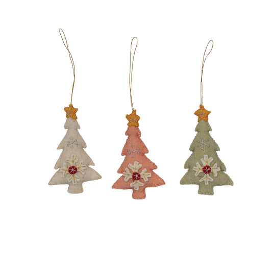 Handmade Wool Felt Tree Ornament with Star, Snowflake & Embroidery, 3 Colors - La Vie Est Belle