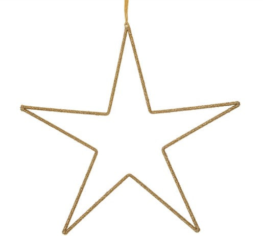 Hanging Metal & Glass Bead Star w/ Cotton Velvet Ribbon, Gold Finish