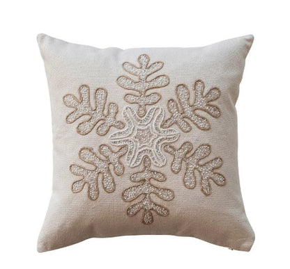 18" Square Cotton Canvas Pillow w/ Embroidered Snowflake & Beads