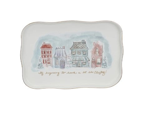 Stoneware Platter w/ Village Christmas Scene & Gold Electroplating