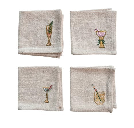 Cotton Cocktail Napkins w/ Embroidered Holiday Cocktail, Set of 4