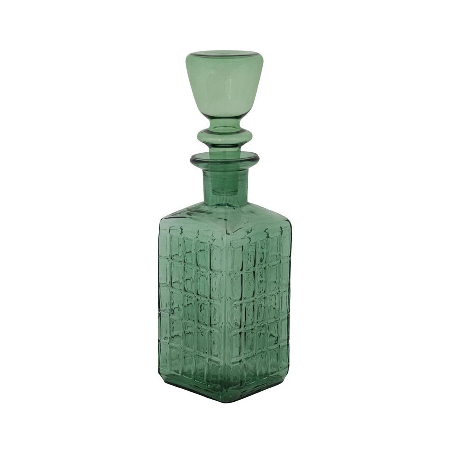 <In Store Purchase Only> 28 oz. Embossed Glass Decanter with Stopper & Grid Pattern, Teal - La Vie Est Belle