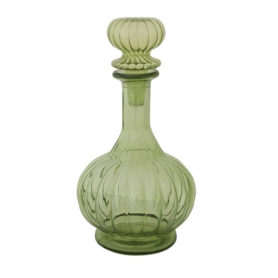 <In Store Purchase Only> 40 oz. Glass Ribbed Decanter with Stopper, Green - La Vie Est Belle