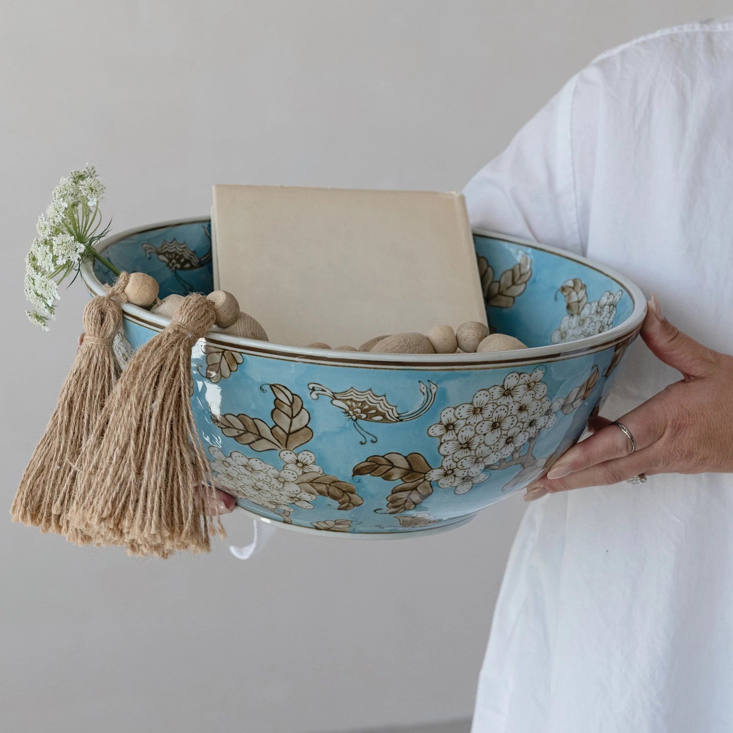 <In Store Purchase Only> Hand - Painted Stoneware Serving Bowl with Cherry Blossoms, Blue, Brown & White - La Vie Est Belle