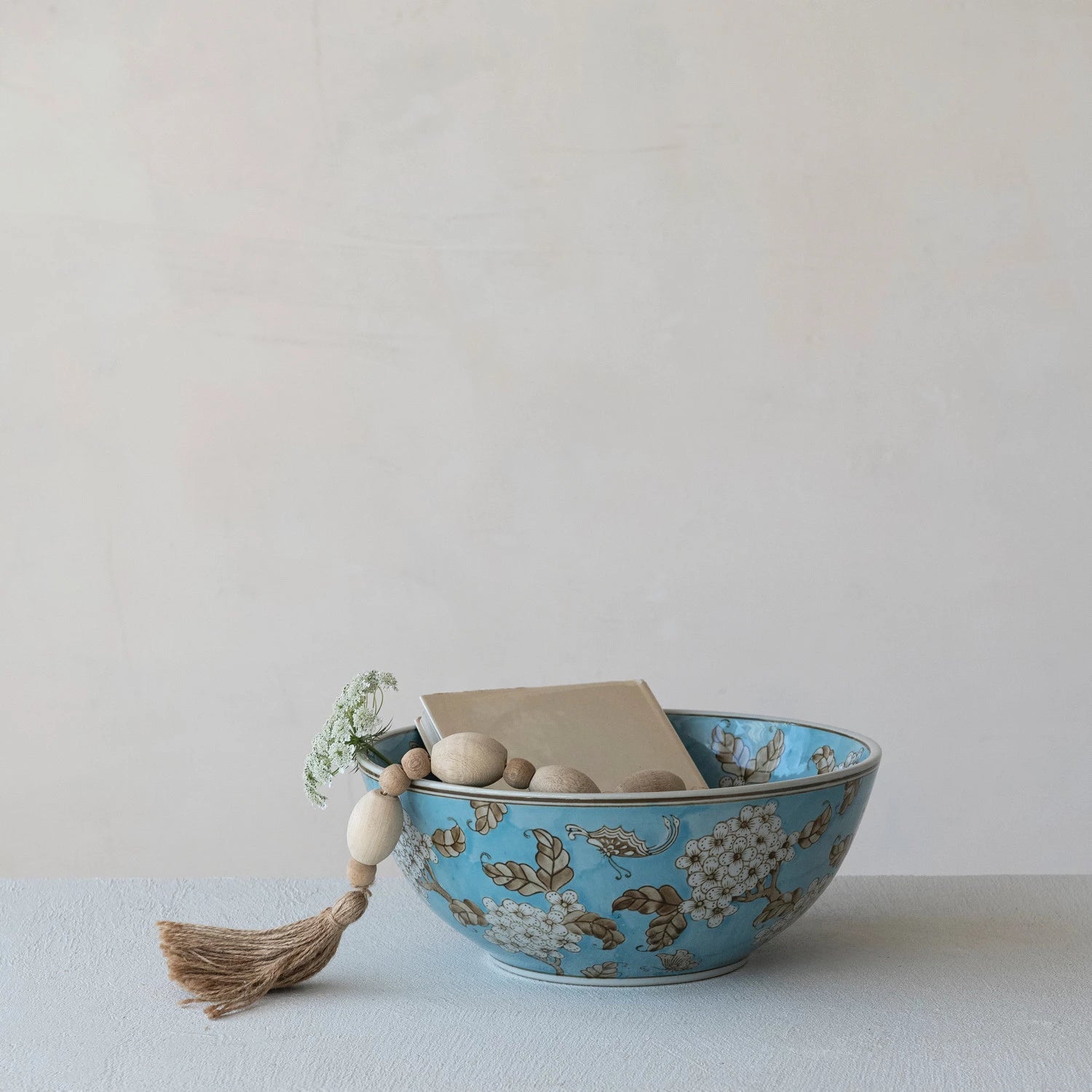 <In Store Purchase Only> Hand - Painted Stoneware Serving Bowl with Cherry Blossoms, Blue, Brown & White - La Vie Est Belle