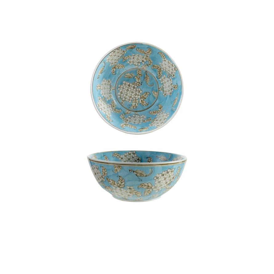 <In Store Purchase Only> Hand - Painted Stoneware Serving Bowl with Cherry Blossoms, Blue, Brown & White - La Vie Est Belle