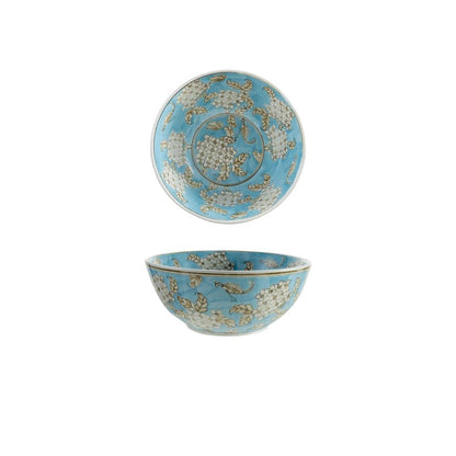 <In Store Purchase Only> Hand - Painted Stoneware Serving Bowl with Cherry Blossoms, Blue, Brown & White - La Vie Est Belle