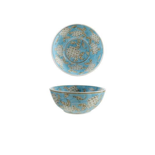 <In Store Purchase Only> Hand - Painted Stoneware Serving Bowl with Cherry Blossoms, Blue, Brown & White - La Vie Est Belle