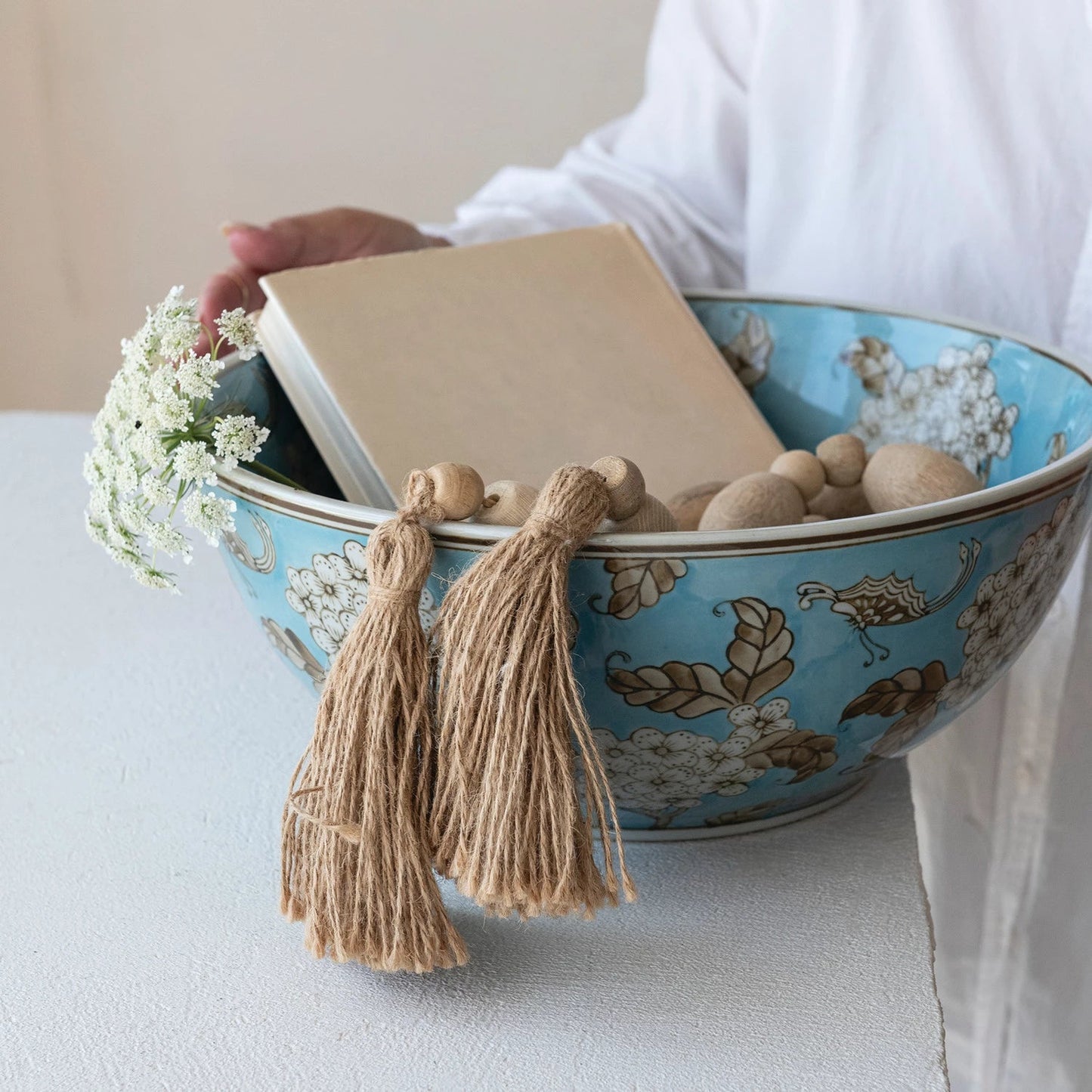 <In Store Purchase Only> Hand - Painted Stoneware Serving Bowl with Cherry Blossoms, Blue, Brown & White - La Vie Est Belle