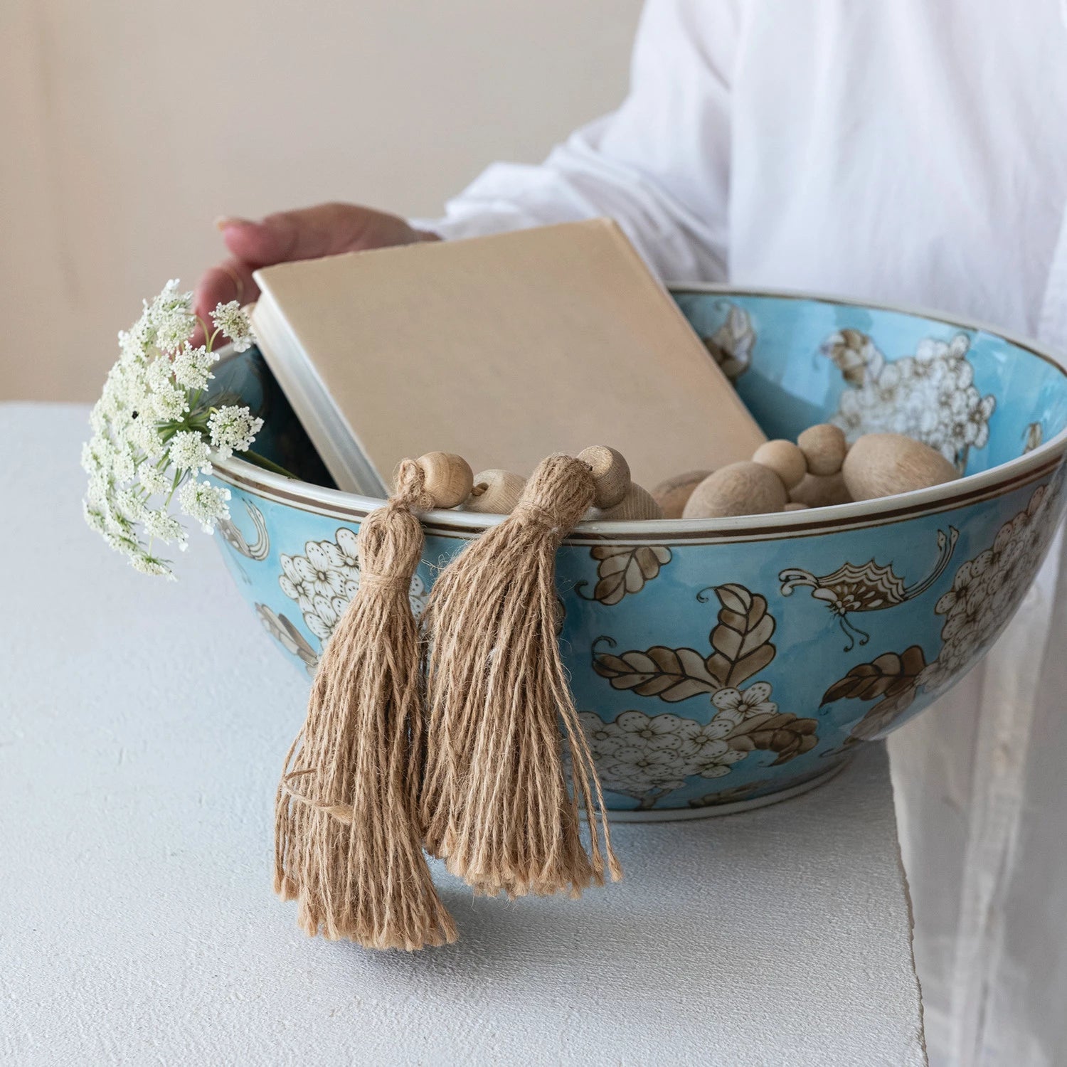 <In Store Purchase Only> Hand - Painted Stoneware Serving Bowl with Cherry Blossoms, Blue, Brown & White - La Vie Est Belle