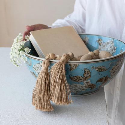 <In Store Purchase Only> Hand - Painted Stoneware Serving Bowl with Cherry Blossoms, Blue, Brown & White - La Vie Est Belle