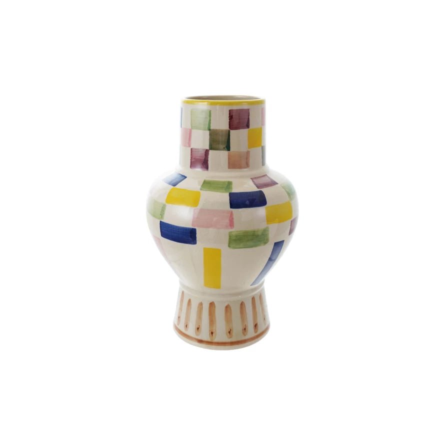 <In Store Purchase Only> Hand - Painted Stoneware Vase with Check Pattern - La Vie Est Belle
