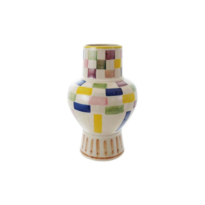 <In Store Purchase Only> Hand - Painted Stoneware Vase with Check Pattern - La Vie Est Belle