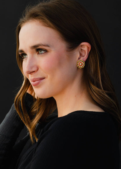 Ivory, Lt. Green & Orange Beaded Stud Earrings - La Vie Est Belle